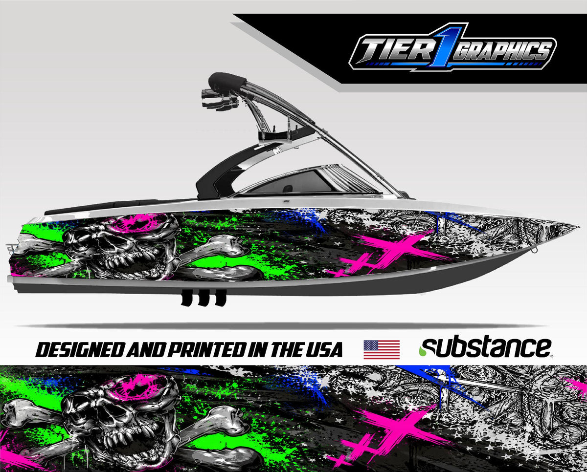 Skully design ski and wake boat wrap by Tier 1 Graphics