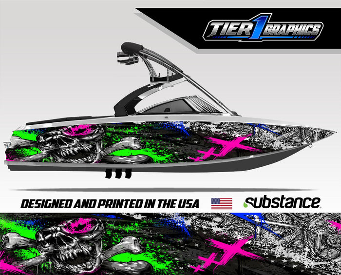 Skully design ski and wake boat wrap by Tier 1 Graphics