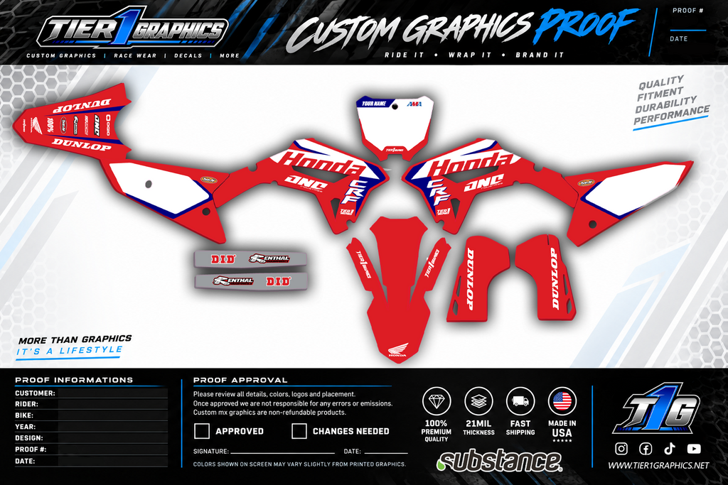 Red Chuds graphics kit on a Honda CRF dirt bike – view 2