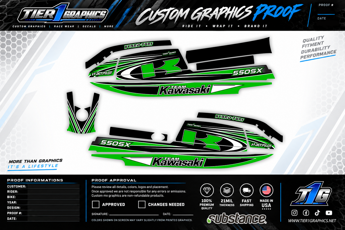 Graphics kit on a vintage Kawasaki 440 stand-up jet ski
