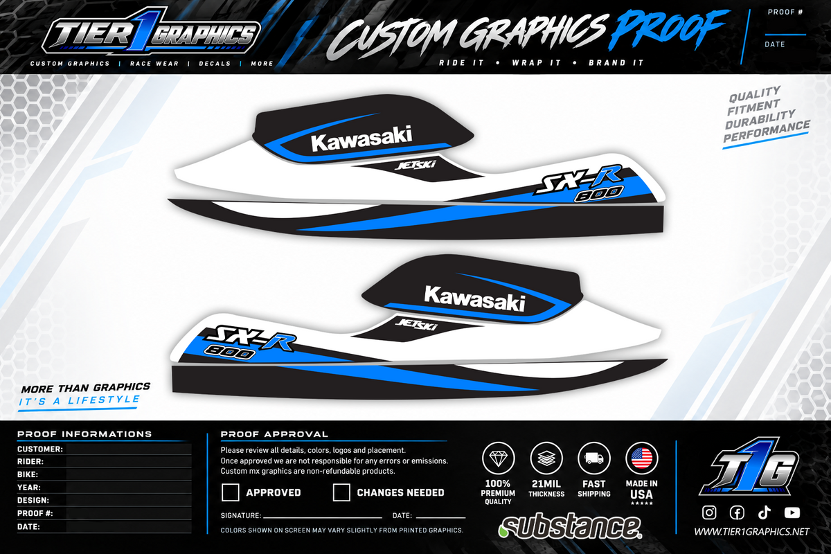 Blue/White graphics kit on a Kawasaki 800 stand-up jet ski – view 2