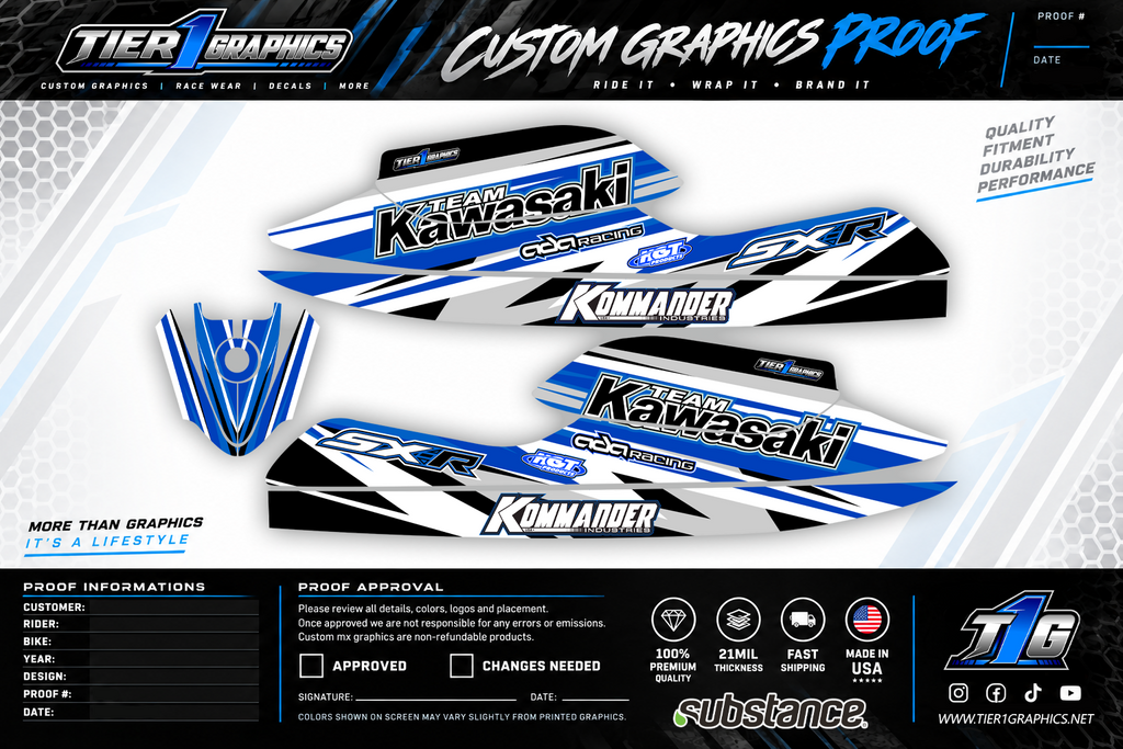 Blue/White Slap graphics kit on a Kawasaki 800 stand-up jet ski – view 2
