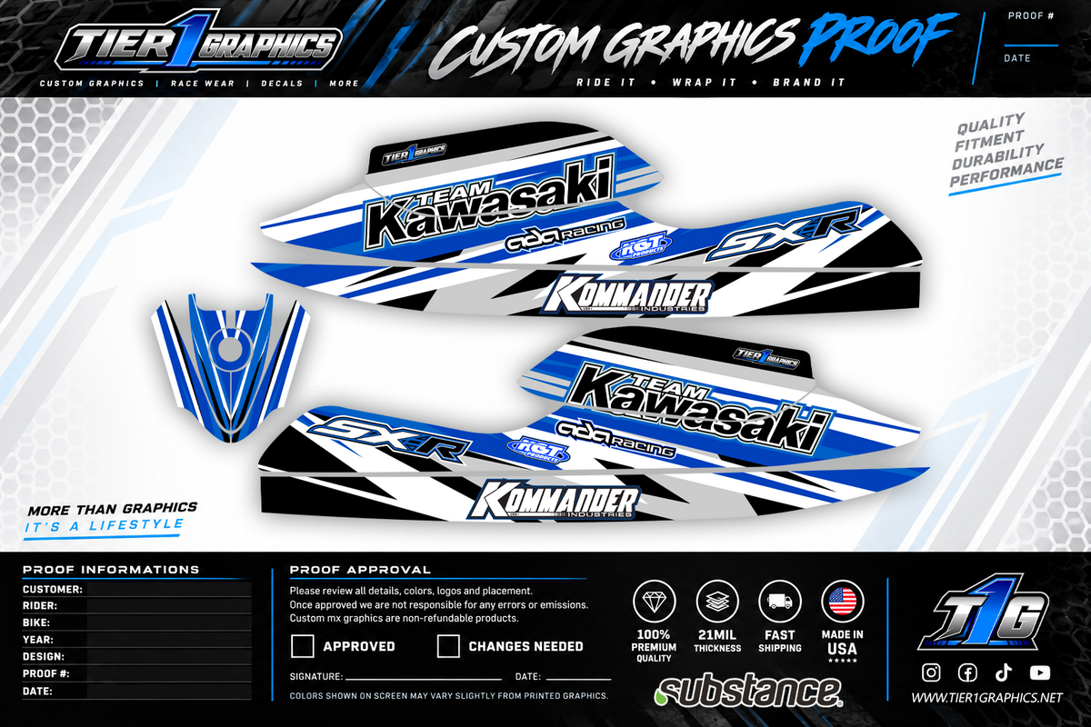 Blue/White Slap graphics kit on a Kawasaki 800 stand-up jet ski – view 2