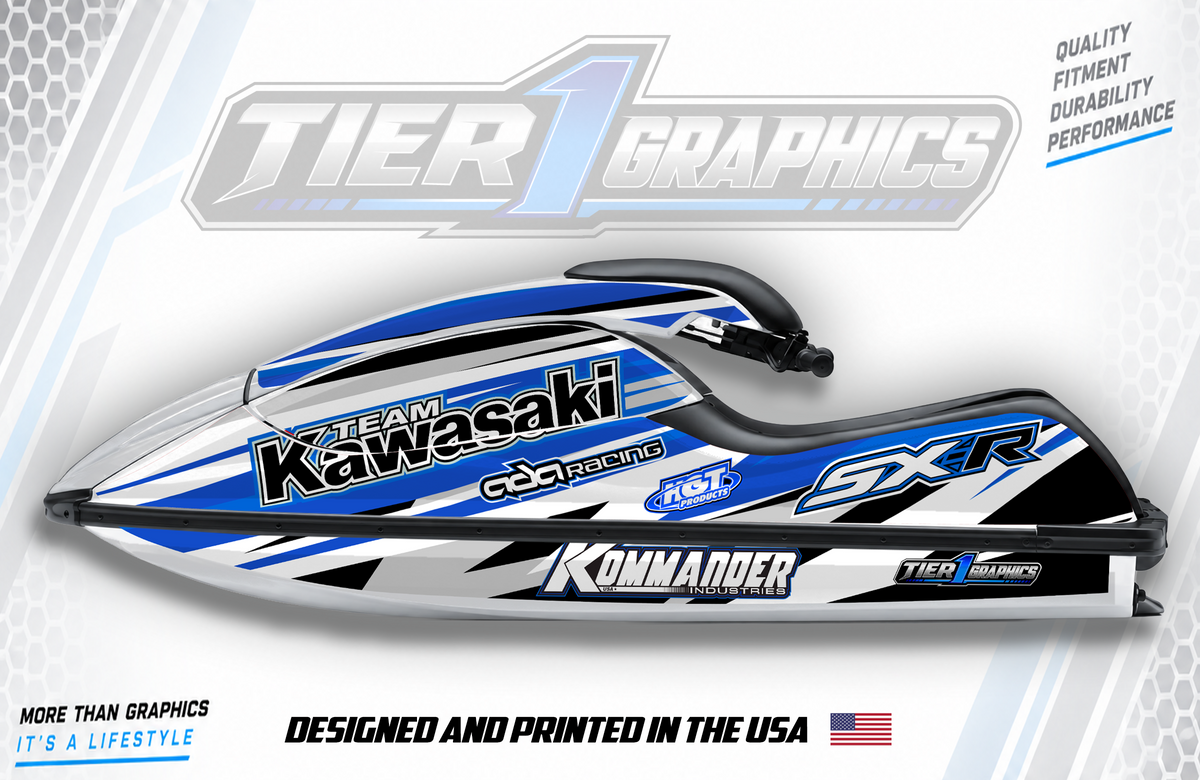Blue/White Slap graphics kit on a Kawasaki 800 stand-up jet ski