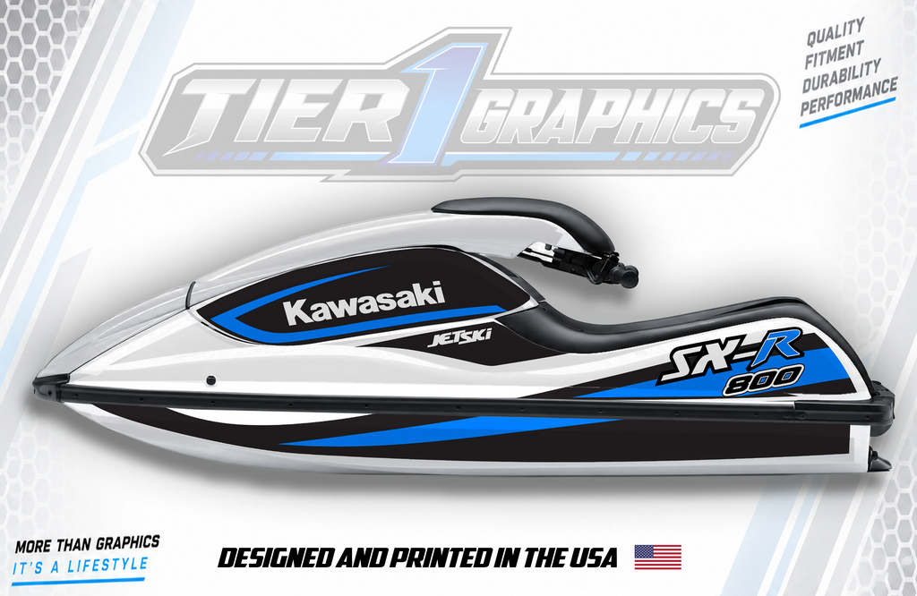 Blue/White graphics kit on a Kawasaki 800 stand-up jet ski
