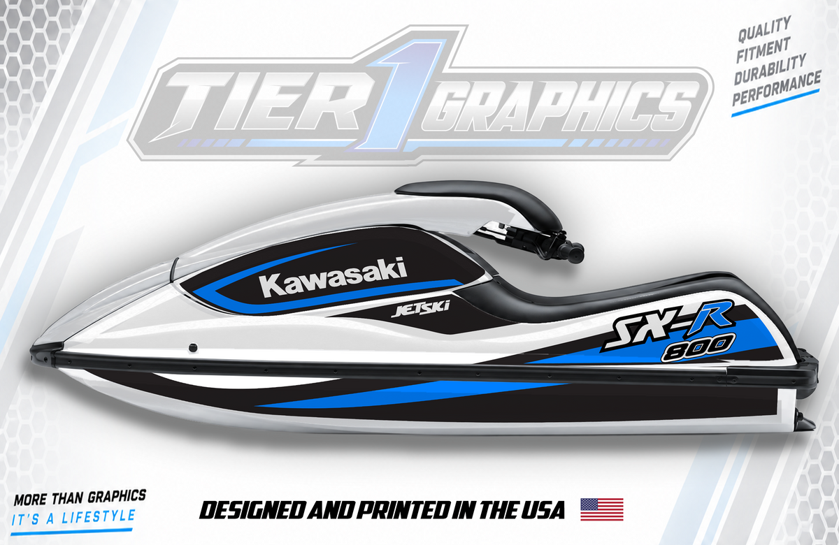 Blue/White graphics kit on a Kawasaki 800 stand-up jet ski