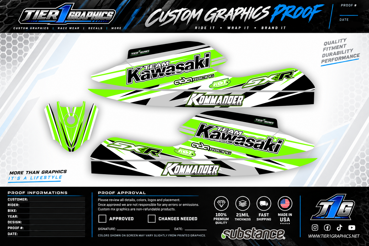 Green/White Slash graphics kit on a Kawasaki 800 stand-up jet ski – view 2