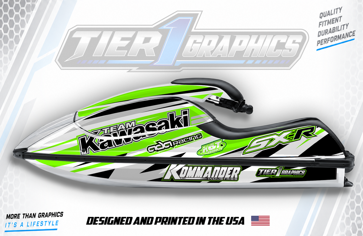 Green/White Slash graphics kit on a Kawasaki 800 stand-up jet ski