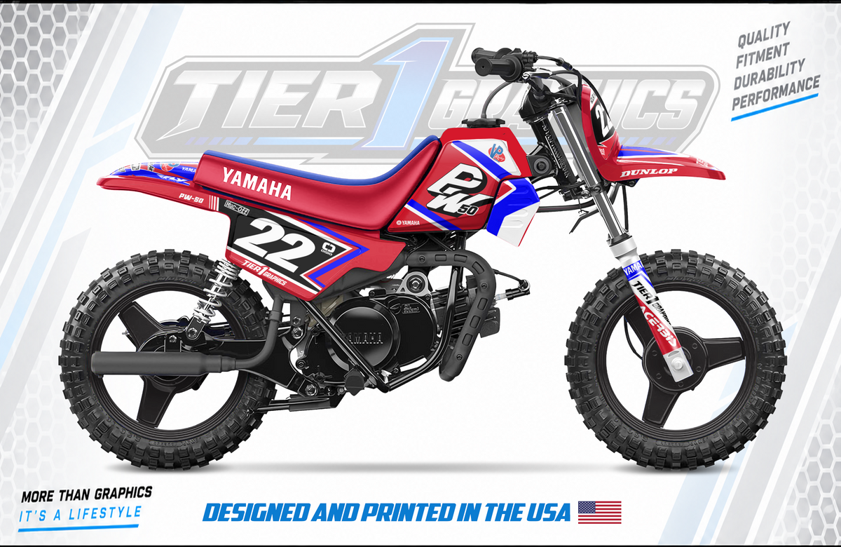 Red/Blue Cutter graphics kit on a Yamaha PW50