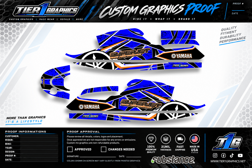 Blue Slash graphics kit on a Yamaha Superjet stand-up jet ski – view 2