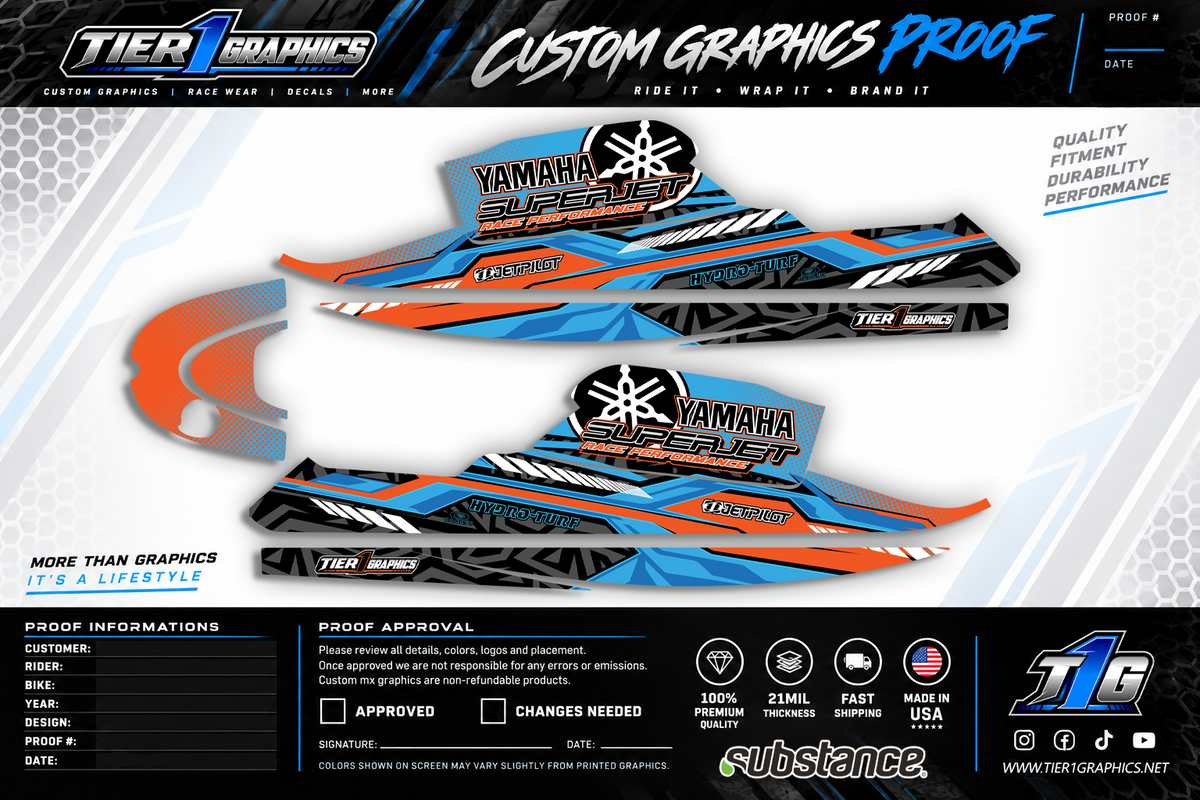 Blue Orange Crush graphics kit on a Yamaha Superjet stand-up jet ski – view 2