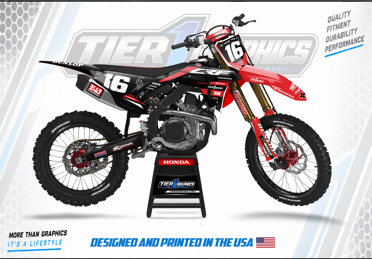 Black graphics kit on a Honda CRF dirt bike