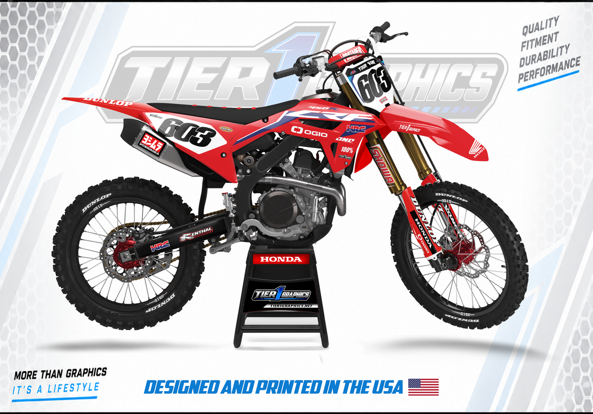 F-Look graphics kit on a Honda CRF dirt bike