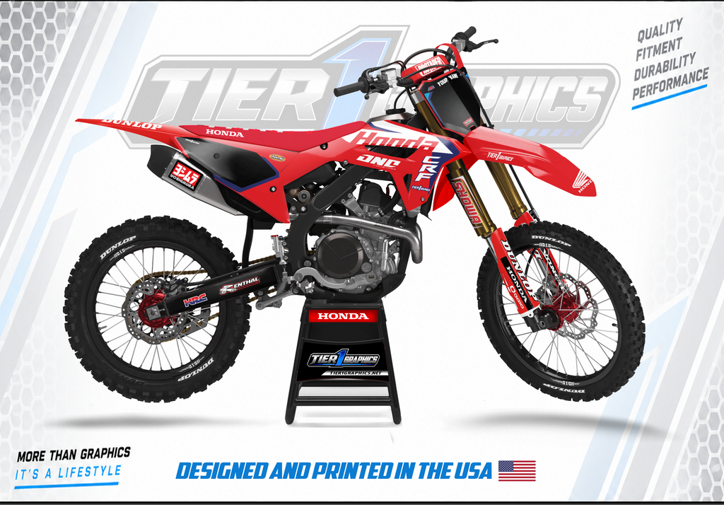 Red Chuds graphics kit on a Honda CRF dirt bike