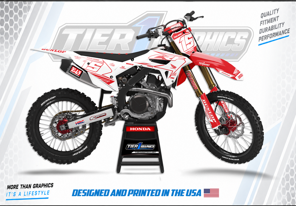 White Clip graphics kit on a Honda CRF dirt bike