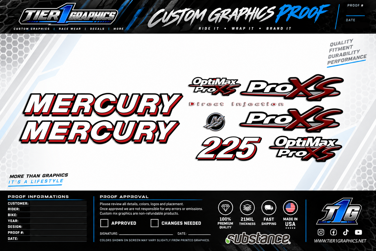 Reproduction Mercury 225 OptiMax Pro XS outboard cowling decals