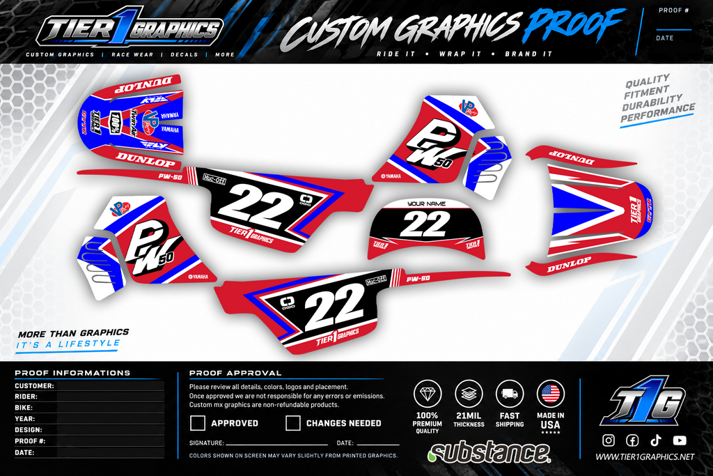 Red/Blue Cutter graphics kit on a Yamaha PW50 – view 2