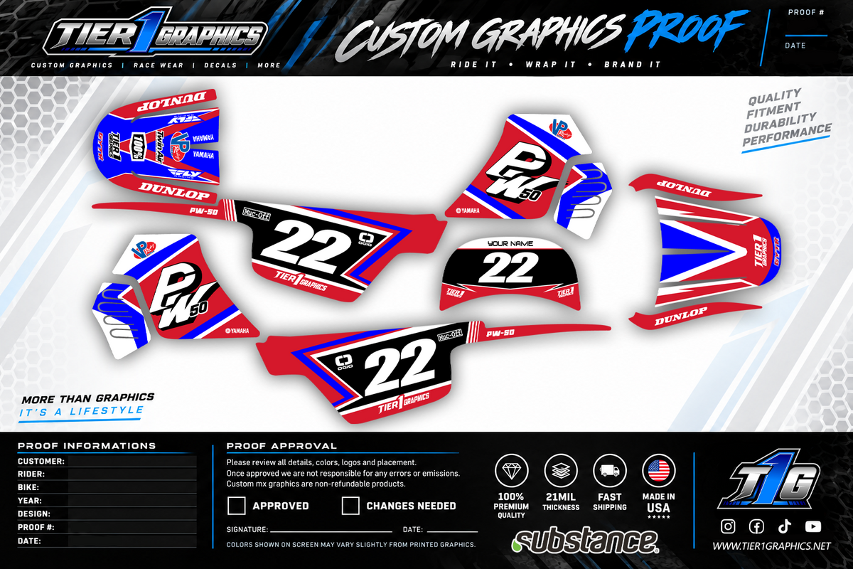 Red/Blue Cutter graphics kit on a Yamaha PW50 – view 2