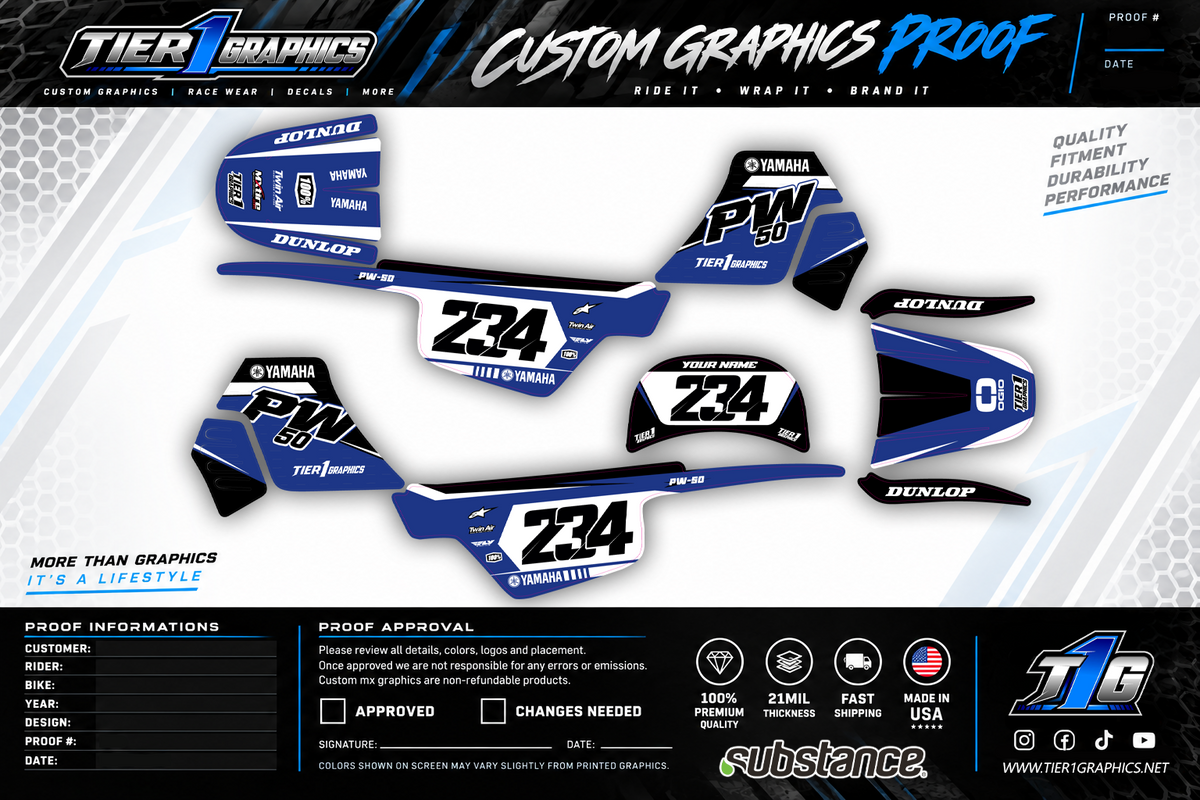 Blue/Black Daka graphics kit on a Yamaha PW50 – view 2