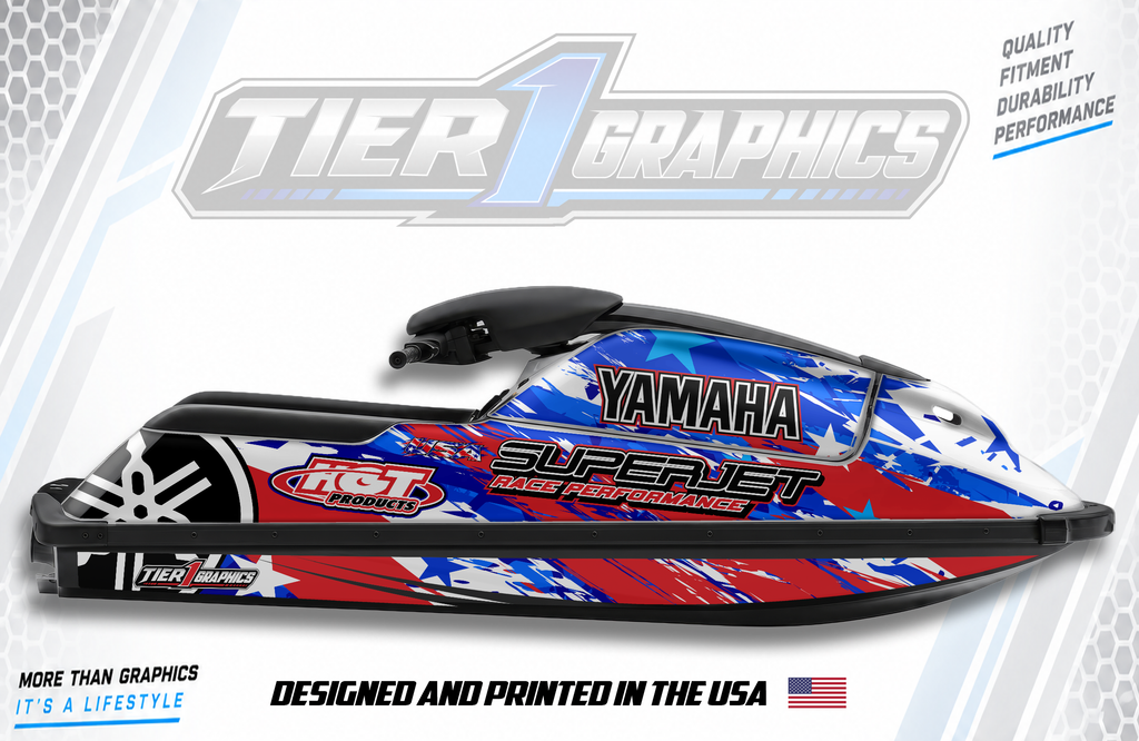 Red White Blue Crash graphics kit on a Yamaha Superjet stand-up jet ski