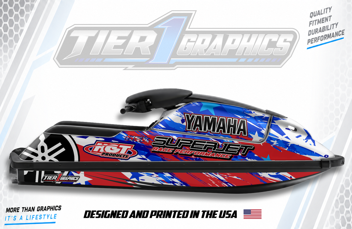 Red White Blue Crash graphics kit on a Yamaha Superjet stand-up jet ski