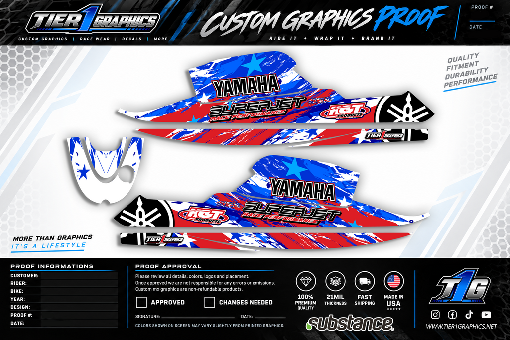 Red White Blue Crash graphics kit on a Yamaha Superjet stand-up jet ski – view 2