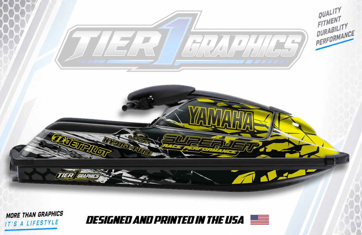 Yellow Crazy graphics kit on a Yamaha Superjet stand-up jet ski