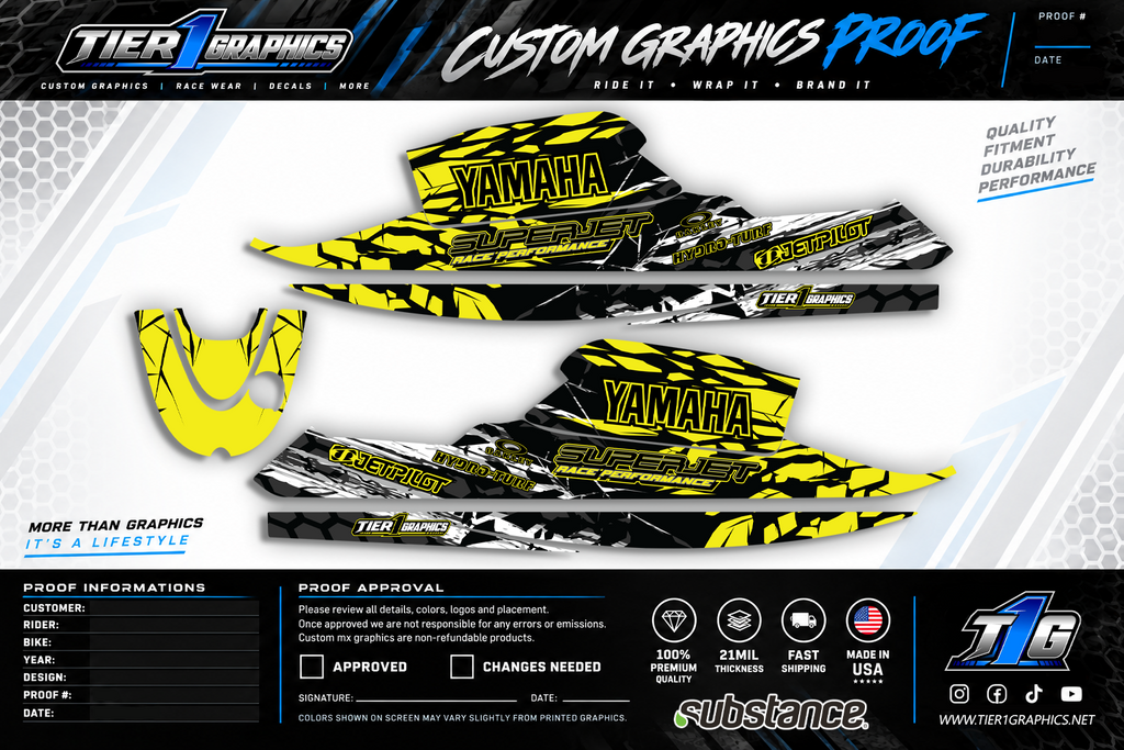 Yellow Crazy graphics kit on a Yamaha Superjet stand-up jet ski – view 2