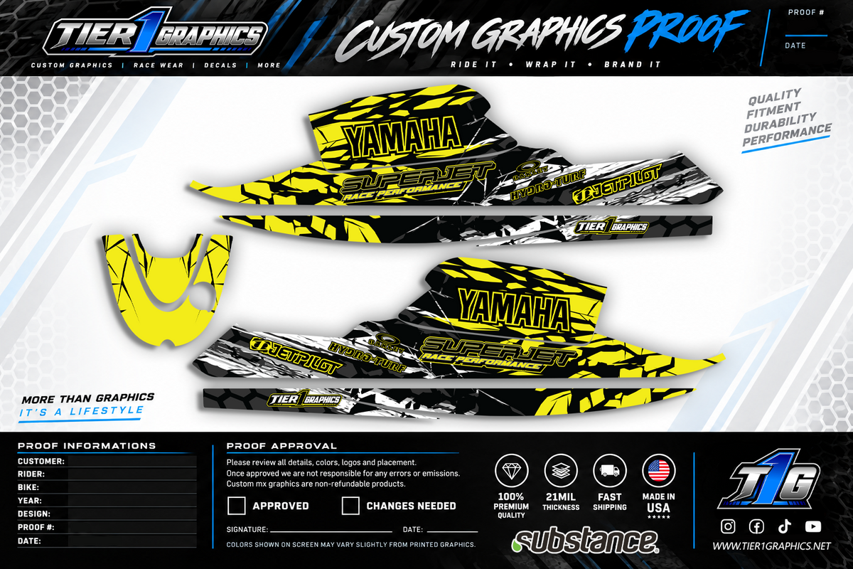 Yellow Crazy graphics kit on a Yamaha Superjet stand-up jet ski – view 2